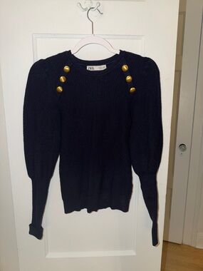 Zara Navy Puff Sleeve Crewneck Sweater with Gold Shoulder Buttons
